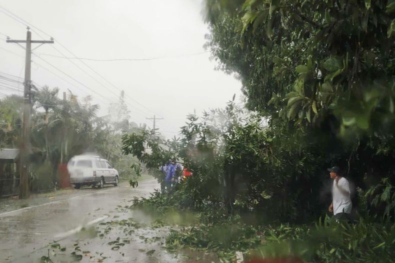 En esta imagen proporcionada por la Unidad del Gobierno Local (LGU) de Lal-lo, trabajadores despejan una carretera tras la caída de un árbol debido al fuerte viento del tifón Yinxing, llamado Marce en Filipinas, en Lal-lo, provincia de Cagayan, en el norte de Filipinas, el jueves 7 de noviembre de 2024. (LGU Lal-lo via AP)