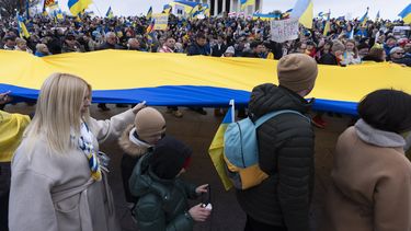 Una manifestación en apoyo a Ucrania en Washington el 24 de febrero de 2024. Una encuesta halló que los estadounidenses están divididos por líneas partidistas en cuanto a su apoyo a darle más ayuda a Ucrania. (Foto AP /Manuel Balce Ceneta)