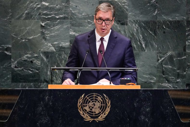 El presidente serbio Aleksandar Vucic en la Asamblea General de las Naciones Unidas el 24 de septiembre del 2025. (AP foto/Richard Drew)