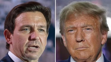 ARCHIVO - Esta combinación de fotos muestra a los candidatos presidenciales republicanos Ron DeSantis, gobernador de Florida, hablando en la Cumbre 2023 de Cristianos Unidos por Israel (CUFI) el 17 de julio de 2023, en Arlington, Virginia, izquierda, y el expresidente Donald Trump hablando en el Trump National Golf Club en Bedminster, Nueva Jersey, el 13 de junio de 2023, derecha. (AP Photo, Archivo)