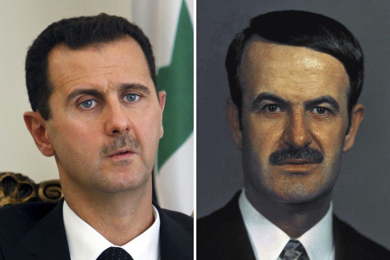 Un archivo de fotos que muestra, a la izquierda, al presidente sirio Bashar Assad, el 19 de agosto de 2009, en Teherán, Irán, y, a la derecha, a su padre, el expresidente Hafez Assad, el 1 de diciembre de 1972, en una ubicación desconocida. (AP Foto)