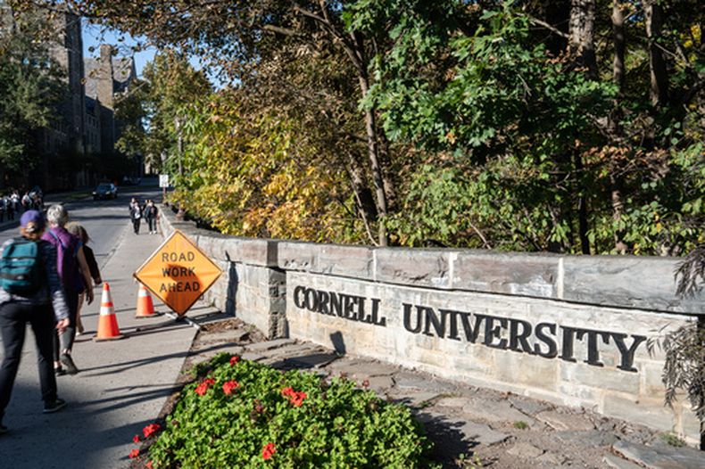 Estudiantes caminan por el campus de la Universidad de Cornell, el 7 de octubre de 2026, en Ithaca, Nueva York. (AP Foto/Matt Burkhartt)