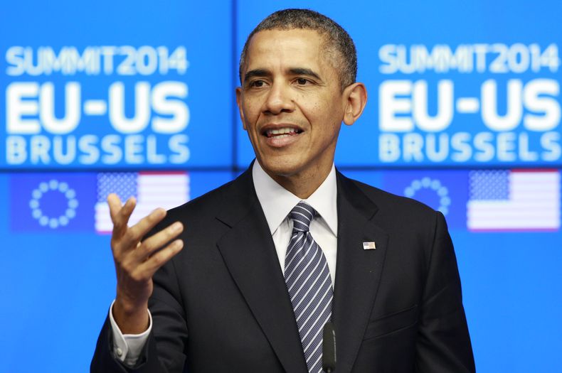 El presidente estadounidense Barack en una rueda de prensa en la sede del Consejo Europeo en Bruselas el mi&eacute;rcoles 26 de marzo del 2014. (Foto AP/Yves Logghe)