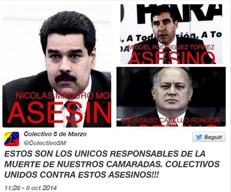 El Colectivo 5 de Marzo, cuyo líder era el recién asesinado José Odreman, manifestaron su contundente rechazo contra el presidente Nicolás Maduro, Diosdado Cabello y el Ministro Miguel Rodríguez Torres, a quienes responsabilizaron por la muerte del líder