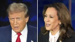 Esta combinación de fotos muestra al candidato presidencial republicano Donald Trump (i) y la vicepresidenta Kamala Harris en el debate en Filadelfia el 10 de septiembre del 2024. (AP foto/Alex Brandon)