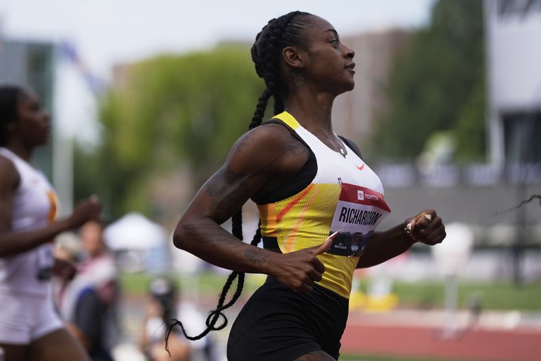 ShaCarri Richardson reacciona tras su heat en la ronda preliminar de los 100 metros femeninos en el Campeonato delos Estados Unidos en Eugene, Oregon el jueves 31 de julio del 2025. (AP Foto/Abbie Parr)