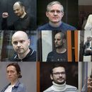 Esta combinación de imágenes muestra, en el centro, al reportero del Wall Street Journal Evan Gershkovich y, en el sentido de las agujas del reloj, al activista opositor ruso Vladimir Kara-Murza (arriba izquierda); al ejecutivo de seguridad corporativa y exmarine Paul Whelan; Lilia Chanysheva, excoordinadora de las oficinas regionales del difunto líder opositor Alexei Navalny; al copresidente del Memorial Human Rights Centre, que ganó un Nobel de la Paz, Oleg Orlov; la artista y música Sasha Skochilenko; al activista opositor ruso y exfuncionario del distrito de Krasnoselsky, Ilya Yashin; a Alsu Kurmasheva, periodista de Radio Free Europe/Radio Liberty, financiada por Washington, y al antiguo líder del movimiento Open Russia, Andrei Pivovarov. (AP Foto)
