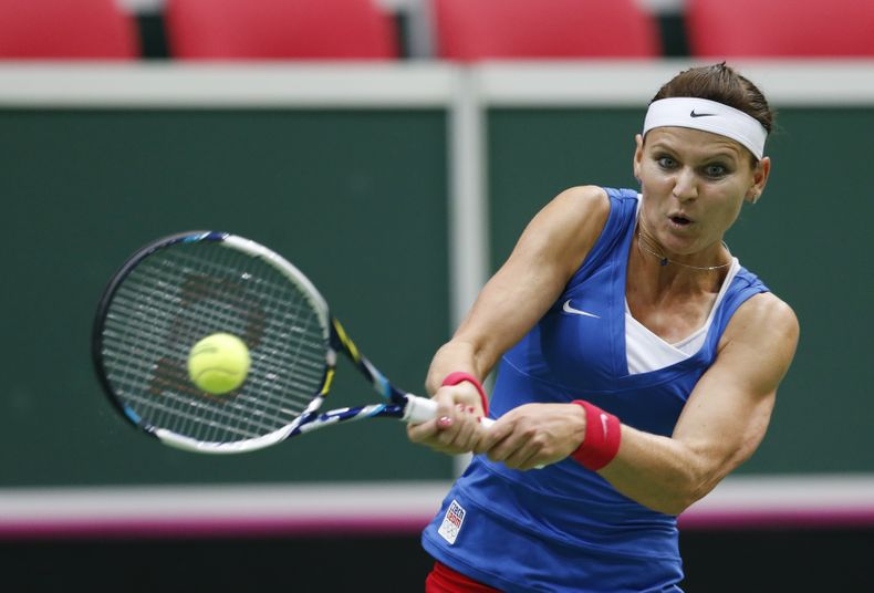 La checa Lucie Safarova en un pasaje en que venci[o a la italiana Sara Errani en semifinales de la Copa Federaci&oacute;n en Ostrava, Rep&uacute;blica Checa, el s&aacute;bado 19 de abril del 2014. (AP Foto/Petr David Josek)