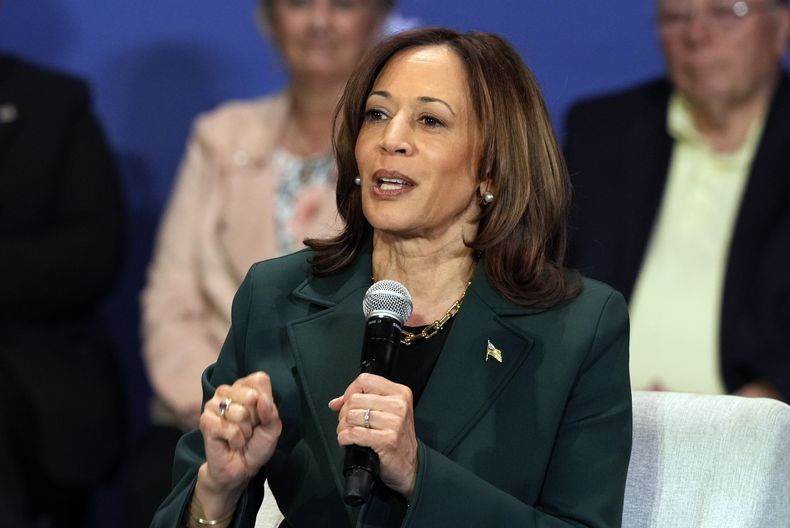 La candidata presidencial demócrata y vicepresidenta, Kamala Harris, habla en un evento de campaña con la exrepresentante Liz Cheney, el lunes 21 de octubre de 2024, en Brookfield, Wisconsin. (AP Foto/Morry Gash)