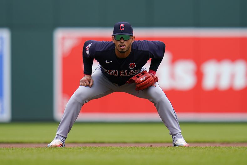 El tercera base Gabriel Arias de los Guardianes de Cleveland durante el juego contra los Orioles de Baltimore, el lunes 29 de mayo de 2023. (AP Foto/Julio Cortez)