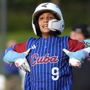 Adrian Fuentes de Cuba celebra tras empujar una carrera en la sexta entrada ante República Checa en la Serie Mundial de ligas pequeñas en South Williamsport, Penssylvania el jueves 15 de agosto del 2024. (AP Foto/Tom E. Puskar)