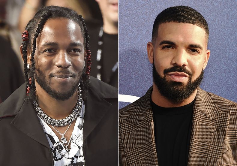 ARCHIVO - En esta combinación de imágenes, el rapero Kendrick Lamar en los Premios MTV a los Videos Musicales el 27 de agosto de 2017, en Inglewood, California, a la izquierda, y el rapero canadiense Drake en el estreno de la serie Euphoria, en Los Ángeles el 4 de junio de 2019. (Foto AP/Chris Pizzello, archivo)