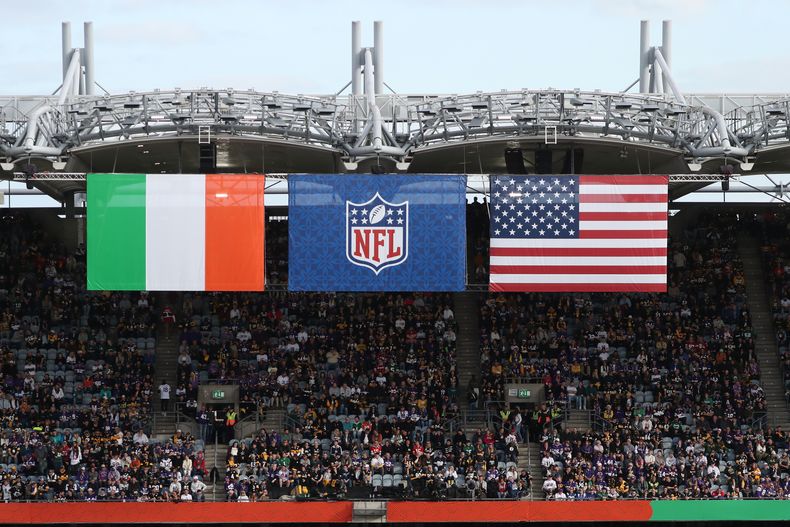 La grada del estadio Croke Park previo al partido de la NFL entre los Vikings de Minnesota y los Steelers de Pittsburgh, el domingo 28 de septiembre de 2025, en Dublín. (AP Foto/Peter Morrison)