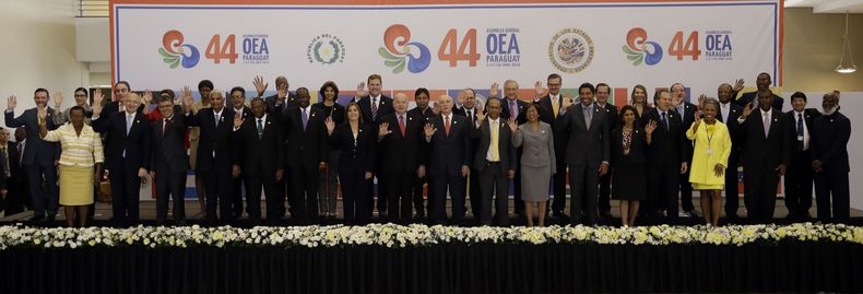 Las autoridades de la Organizaci&oacute;n de Estados Americanos y ministros de Relaciones Exteriores posan para la foto grupal de la 44ta asamblea general del organismo en Asunci&oacute;n, Paraguay, el mi&eacute;rcoles 4 de junio de 2014. (AP foto/Jorge S