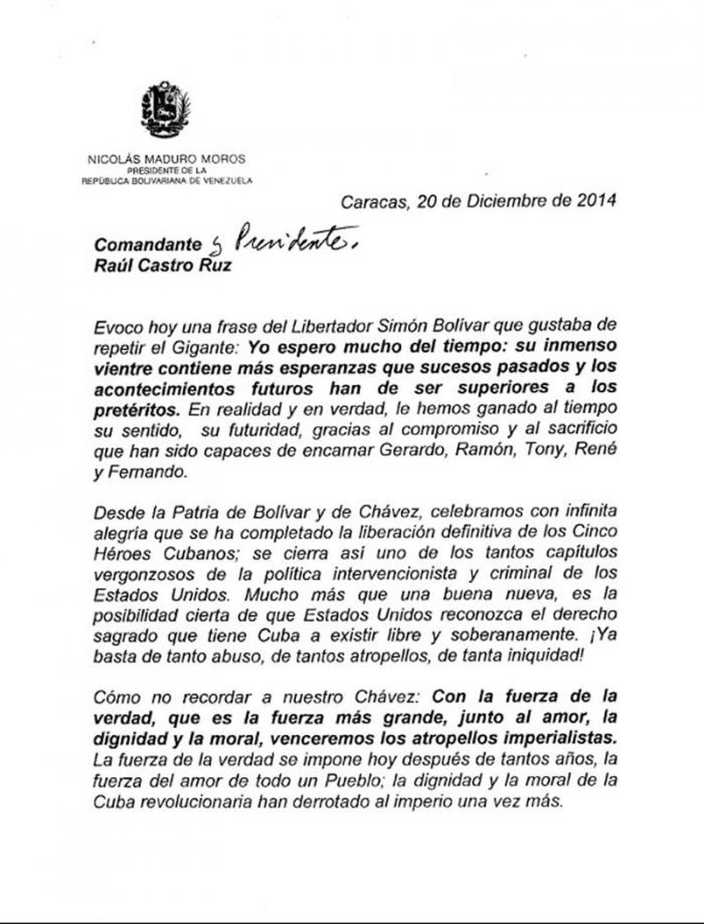 Cartas de Maduro a Fidel y Raúl Castro con el mensaje hipotético de Chávez.