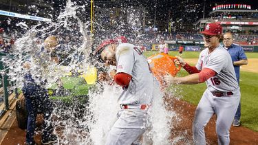 El venezolano Willson Contreras es empapado por sus compañeros tras la victoria de los Cardenales de San Luis sobre los Nacionales de Washington, el martes 20 de junio de 2023 (AP Foto/Alex Brandon)