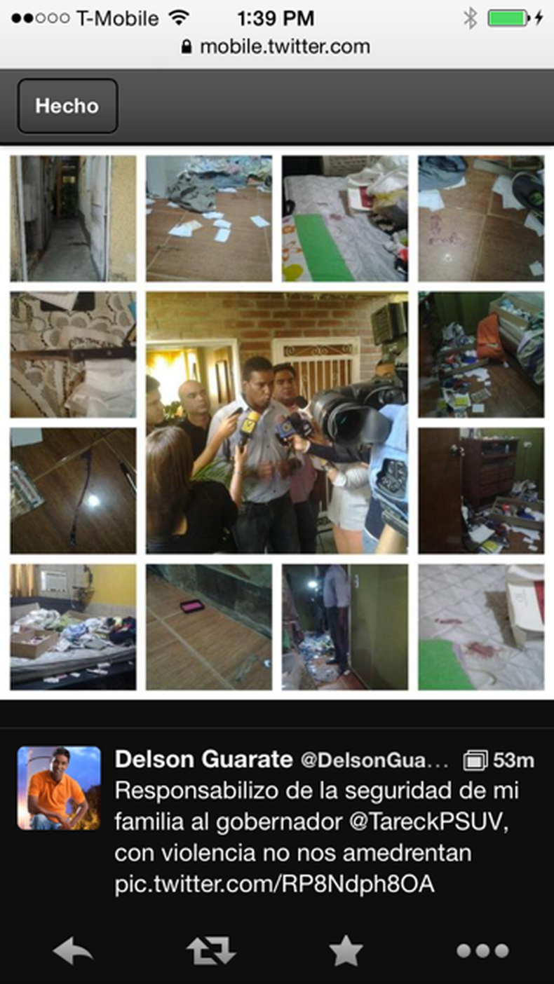 Este miércoles el alcalde de Voluntad Popular, Delson Guarate, responsabilizó al Gobernador del estado Aragua, Tareck el Aissami perteneciente al partido de gobierno, de lo que pueda pasarle a el y su familia. Al parecer entraron a la casa de su hermana y