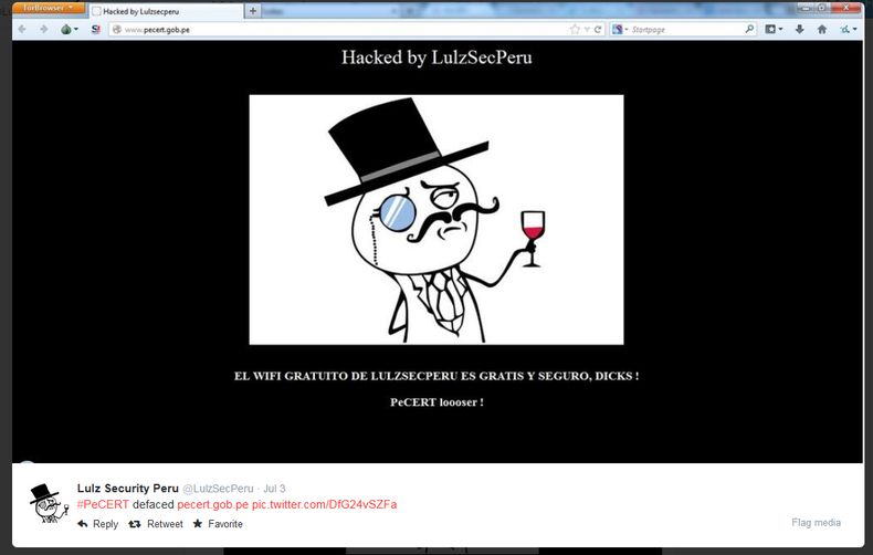 Esta pantallazo muestra un tuit del 3 de julio de 2014 del grupo de piratas inform&aacute;ticos peruanos LulzSecPeru despu&eacute;s de que asegur&oacute; haber infiltrado una red de emergencia del gobierno peruano. Los hackers peruanos se ha infiltrado a