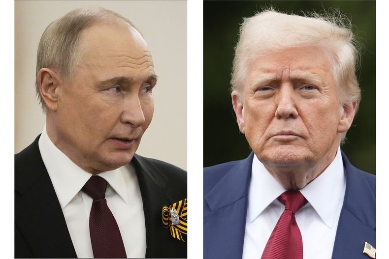 ARCHIVO - Esta combinación de fotografías muestra al presidente ruso Vladímir Putin, izquierda, en Moscú el 9 de mayo de 2025, y al mandatario estadounidense Donald Trump el 1 de agosto, en Washington. (AP Foto/Alexander Zemlianichenko, foto compartida, Mark Schiefelbein, archivo)