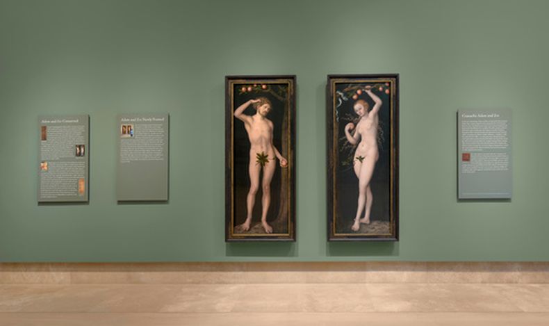 En esta foto sin fecha, proporcionada por la Norton Simon Art Foundation el viernes 18 de septiembre de 2026, se muestran dos óleos, Adán y Eva, pintados en 1530 por Lucas Cranach el Viejo, exhibidas en el museo Norton Simon en Pasadena, California. (Gerard Vuilleumier/Norton Simon Art Foundation vía AP)