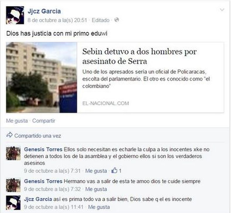 Los familiares de Eduwin Torres Camacho, escolta de Robert Serra e implicado en el asesinato del diputado, se pronunciaron a través de las redes sociales con respecto a la responsabilidad que el gobierno venezolano le atribuye por el crimen