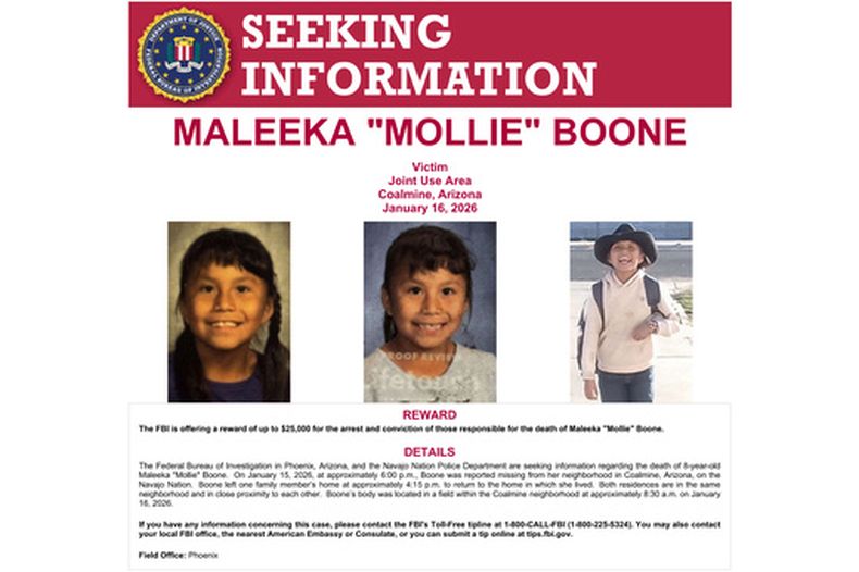 El anuncio del FBI en que dice que busca información sobre la desaparición de la niña Maleeka Mollie Boone. (FBI via AP)