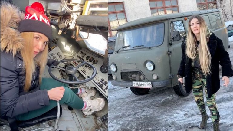Influencer rusa muestra a los ucranianos cómo conducir vehículos blindados abandonados