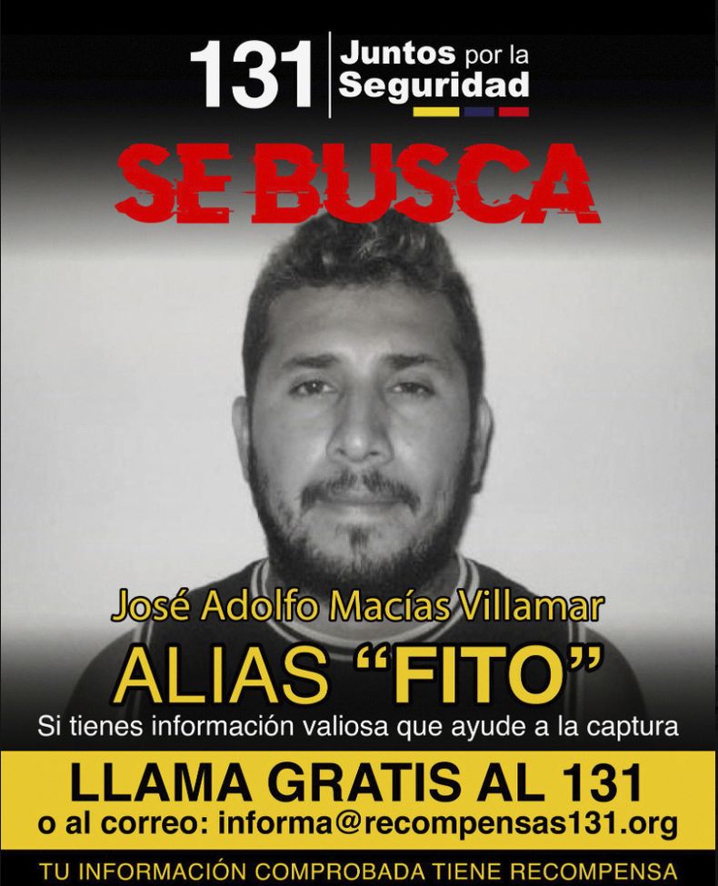 El afiche donde se indica que José Adolfo Macías Villamar, alias Fito, líder de la pandilla Los Choneros, es buscado por las autoridades. Imagen colocada en X por el Ministerio del Interior de Ecuador el 9 de enero del 2024. (Ministerio del Interior de Ecuador via AP)