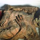 Esta fotografía de agosto de 2024, proporcionada por investigadores, muestra a un ser humano momificado de la cultura chancay de Perú. (Tom Kaye vía AP)
