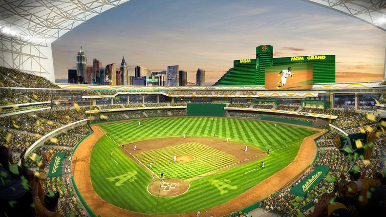 ARCHIVO - Esta imagen proporcionada por los Atléticos muestra el diseño de su futuro estadio en Las Vegas (Courtesy of Oakland Athletics via AP, archivo)
