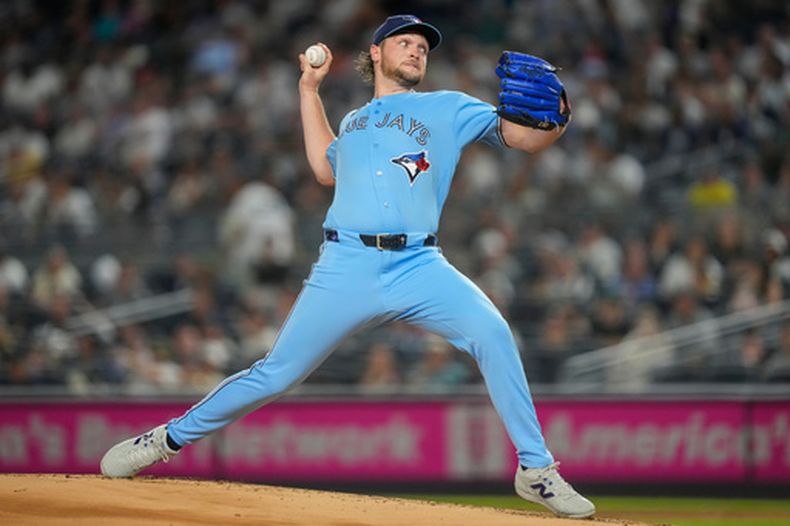 Trey Yesavage, de los Azulejos de Toronto, lanza en el encuentro del miércoles 20 de mayo de 2026 ante los Yankees de Nueva York (AP Foto/Yuki Iwamura)