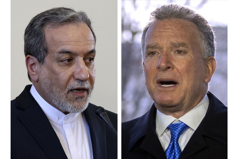 ARCHIVO - Esta combinación muestra al ministro de Exteriores Abbas Araghchi, a la izquierda, en Teherán, Irán, el 25 de febrero de 2025 y Steve Witkoff, a la derecha, enviado especial de la Casa Blanca, en Washington, el 19 de marzo de 2025. (AP Fotos Stringer, Mark Schiefelbein)