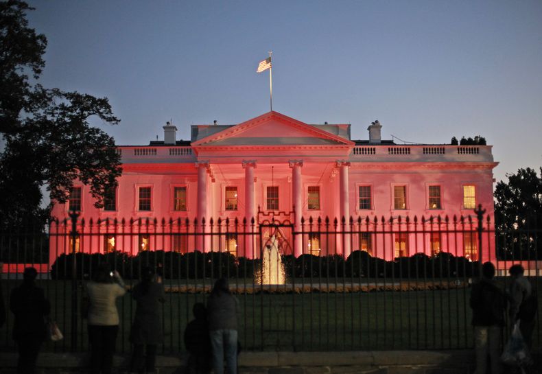 La Casa Blanca es ba&ntilde;ada con luz color rosa por el mes de Concientizaci&oacute;n sobre el C&aacute;ncer de Pecho, el jueves 24 de octubre de 2013, en Washington. (Foto AP/Pablo Martinez Monsivais)