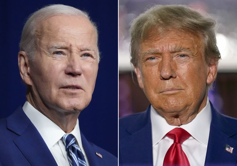 En esta combinación de fotos, el presidente Joe Biden (izquierda) durante un evento el 10 de agosto de 2023 en Salt Lake City, y el expresidente Donald Trump durante un evento el 13 de junio de 2023, en Bedminster, Nueva Jersey. (AP Foto)