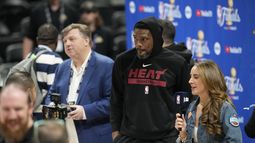 Udonis Haslem, alero del Heat de Miami, es entrevistado antes de una práctica, el miércoles 31 de mayo de 2023 (AP Foto/David Zalubowski)