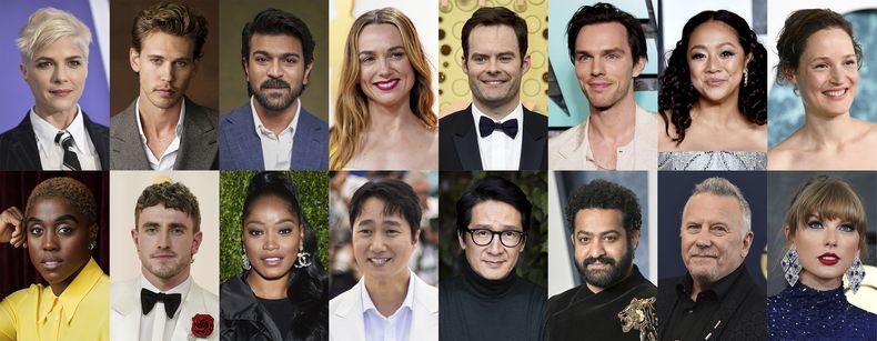 En esta combinación de fotografías, en la fila superior de izquierda a derecha, Selma Blair, Austin Butler, Ram Charan, Kerry Condon, Bill Hader, Nicholas Hoult, Stephanie Hsu y Vicky Krieps, en la fila inferior de izquierda a derecha, Lashana Lynch, Paul Mescal, Keke Palmer, Park Hae-il, Ke Huy Quan, NT Rama Rao Jr., Paul Reiser y Taylor Swift, quienes son algunos de los invitados a formar parte de la Academia de las Artes Y Ciencias Cinematográficas. (Foto AP)