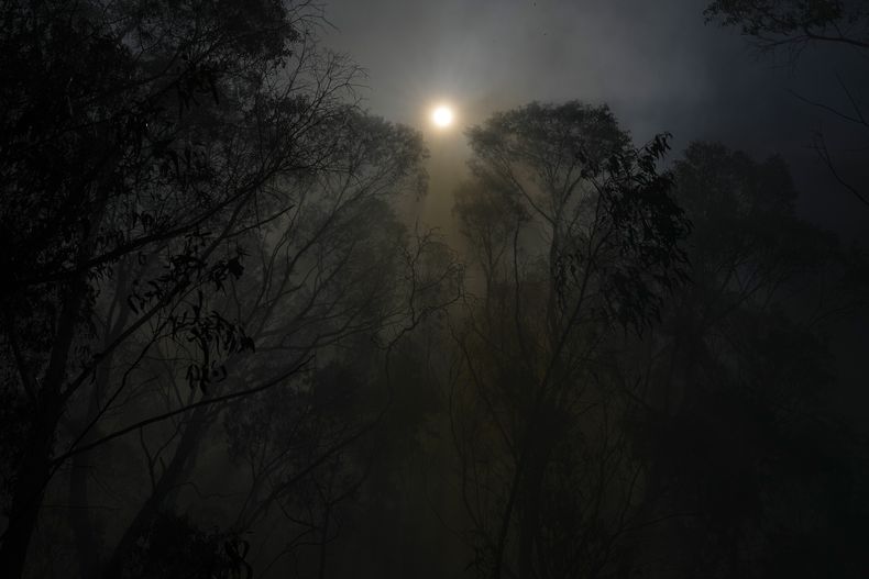 El sol brilla a través del humo de un incendio forestal en las montañas que rodean Bogotá, Colombia, el martes 23 de enero de 2024. (AP Foto/Fernando Vergara)