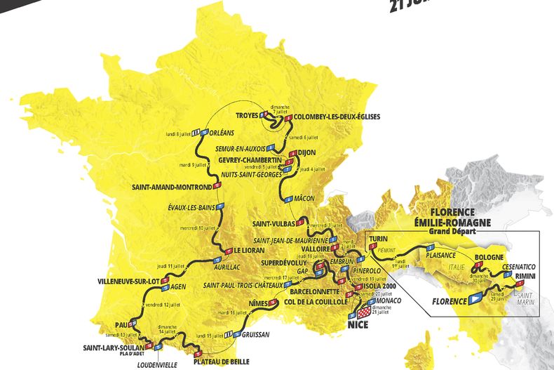 Esta foto otorgada por ASO (Organización Deportiva Amaury por sus siglas en inglés), organizadora del Tour de Francia, muestra la ruta en el mapa de la edición 2024 del Tour de Francia, la carrera ciclista más importante. El recorrido iniciará en Florencia, Italia, el 29 de junio de 2024 y terminará en Niza, en el sur de Francia, el 21 de julio de 2024. (ASO vía AP)