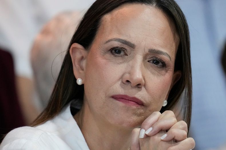 La líder opositora venezolana María Corina Machado asiste a una conferencia de prensa en Ciudad de Panamá, el sábado 23 de mayo de 2026. (AP Foto/Matias Delacroix)