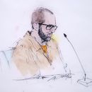 Boceto que muestra a Alexander Smirnov, ex informante del FBI, en el tribunal en Los Ángeles el 26 de febrero del 2024. (William T. Robles via AP)