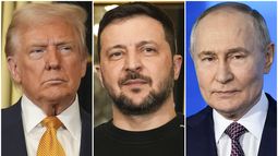 Combinación de fotos que muestra, de izquierda a derecha: el presidente estadounidense Donald Trump y el presidente ucraniano Volodymyr Zelenskyy en el Palacio de los Elíseos en París el 7 de diciembre del 2024, y el presidente ruso Vladimir Putin en Moscú el 21 de febrero del 2025. (AP foto/Aurelien Morissard, izquierda y centro, Pavel Bednyakov, derecha)