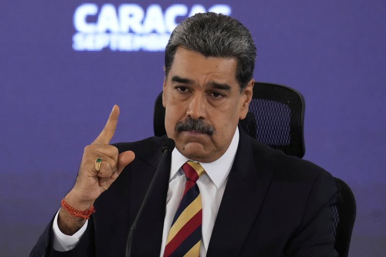 El presidente de Venezuela, Nicolás Maduro, durante una conferencia de prensa, el lunes 1 de septiembre de 2025, en Caracas. (AP Foto/Ariana Cubillos)