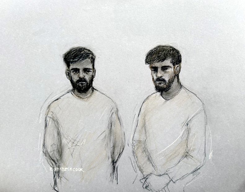 Representación artística de Salam Ahmadyan, iraní residente de Liverpool y Rahman Salehi, iraní residente de Salford, en el tribunal de Westminster, el 3 de octubre del 2026. (Elizabeth Cook/PA via AP)