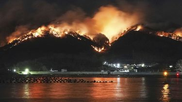 Un incendio forestal que inició el pasado miércoles sigue propagándose detrás de una zona residencial en Ofunato, en el norte de Japón, el lunes 3 de marzo de 2025. (Kyodo News vía AP)