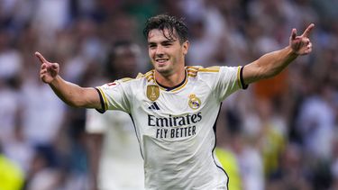 Brahim Díaz celebra tras anotar el primer gol del Real Madrid ante Las Palmas en el partido de la Liga española, el miércoles 27 de septiembre de 2023. (AP Foto/Manu Fernández)
