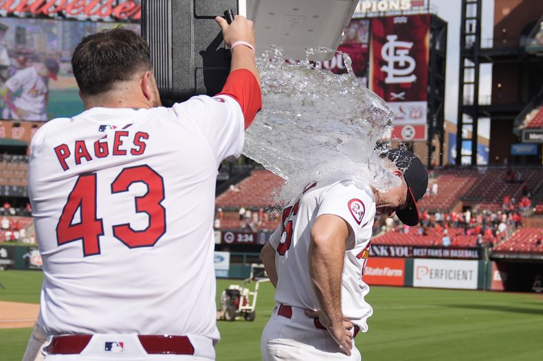 El lanzador relevista de los Cardenales de San Luis, Ryan Helsley, a la derecha, es rociado por su compañero de equipo Pedro Pages (43) después de un juego contra los Guardianes de Cleveland el domingo 22 de septiembre de 2024, en San Luis. (AP Foto/Jeff Roberson)