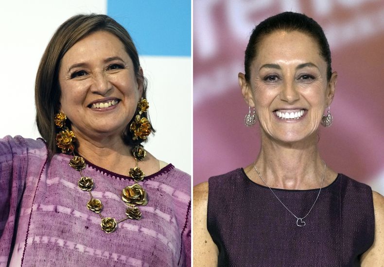 Esta combinación de dos imágenes de archivo muestra a Xóchitl Galvez (izquierda) antes de registrarse como candidata a la presidencia el 4 de julio de 2023 en Ciudad de México, y a Claudia Sheinbaum (derecha) en el acto de presentación como aspirante a la presidencia por su partido, el 6 de septiembre de 2023 en Ciudad de México. (AP Foto/Fernando Llano, archivo)