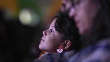 Personas ven la película Flow en una pantalla gigante en el Zócalo, la plaza principal de la Ciudad de México, el miércoles 30 de abril de 2024. (Foto AP/Eduardo Verdugo)
