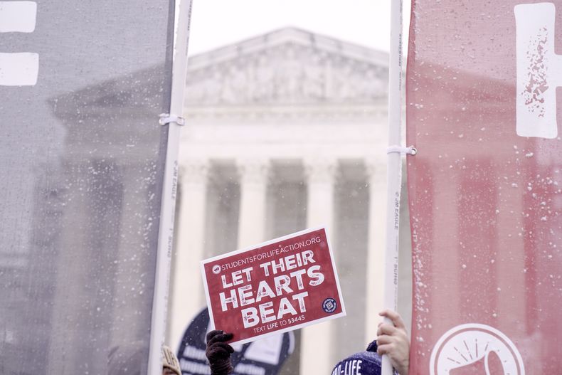 Activistas opuestos al aborto participan en la Marcha por la Vida frente a la Corte Suprema de Estados Unidos el viernes 19 de enero de 2024, en Washington. (AP Foto/Mariam Zuhaib)