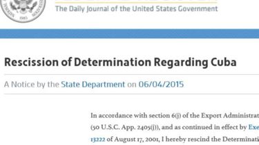 Publicación en el Registro Federal de EEUU de la salida de Cuba de la lista de patrocinadores del terrorismo.